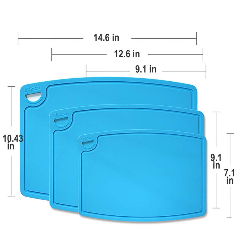 Liflicon Silicone Thick Cutting Boards Mats Set of 3pcs Foldable & Flexible Design Juice Grooves Easy Grip Handle Dishwasher Safe for Kitchen,BPA free Chif-Blue - Image 2